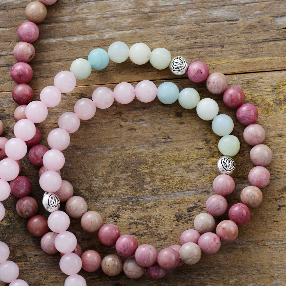 108 Natural Rhodonite Rose Quartz Amazonite & Clear Quartz Mala Bead Necklace