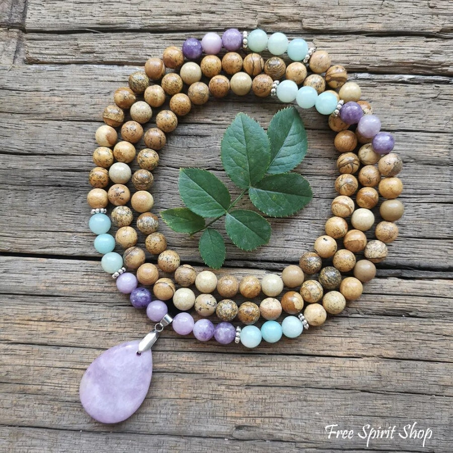 108 Natural Picture Jasper Amazonite & Lepidolite Mala Bead Necklace Jewelry > Gemstone