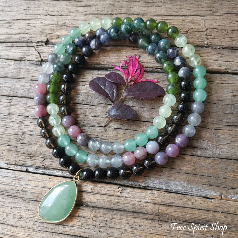 108 Natural Green Aventurine Smokey Quartz & Lepidolite Mala Bead Necklace