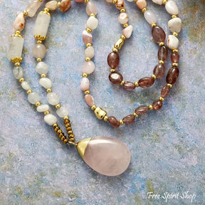 Natural Rose Quartz Strawberry & Jade Beaded Necklace Necklace > Gemstone Beaded