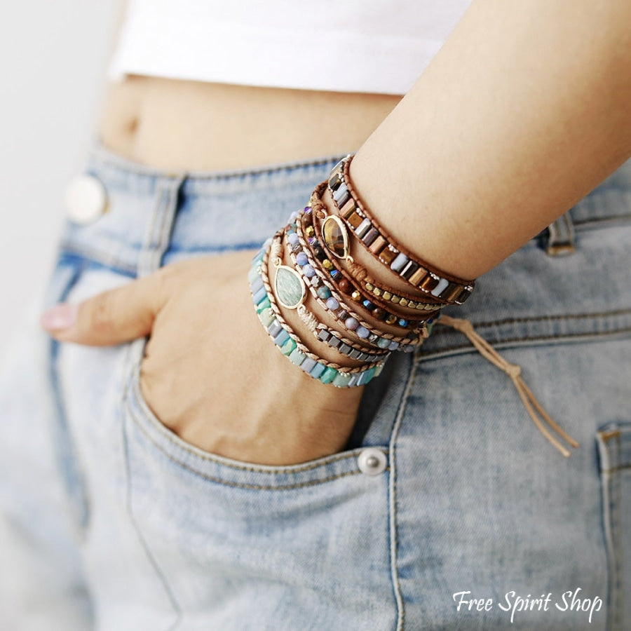 Natural Tiger Eye & Crystal Beaded Wrap Bracelet