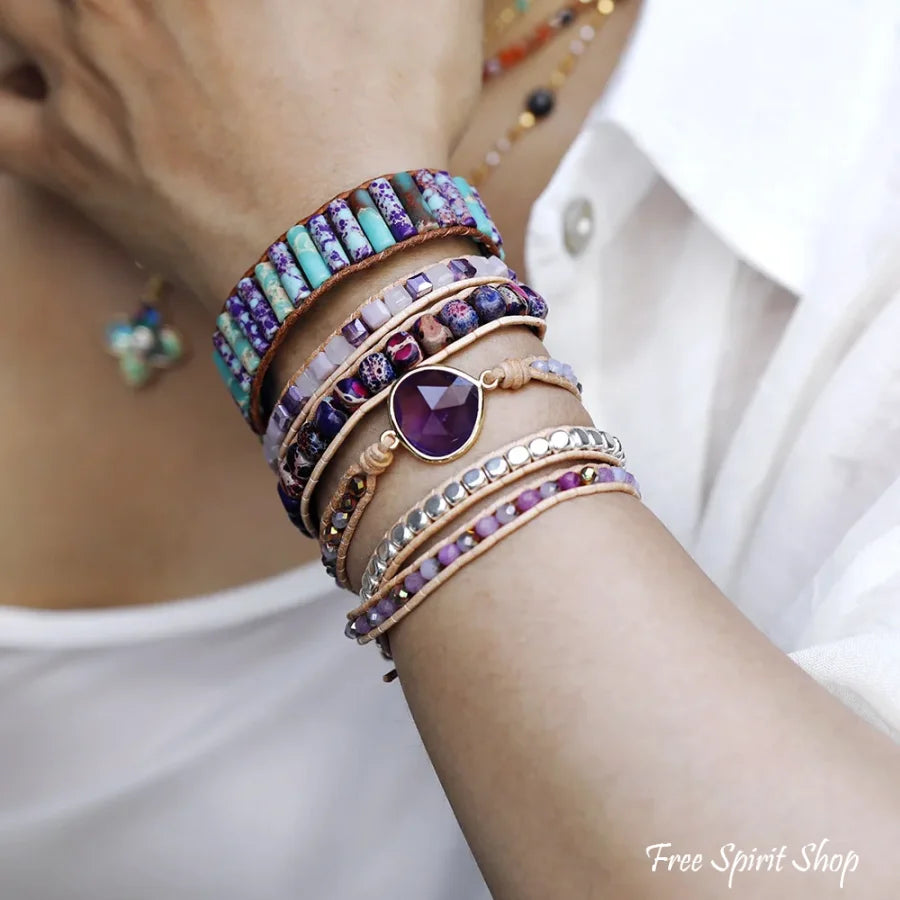 Handmade Purple Jasper & Amethyst Teardrop Wrap Bracelet Jewelry > Gemstone Bead