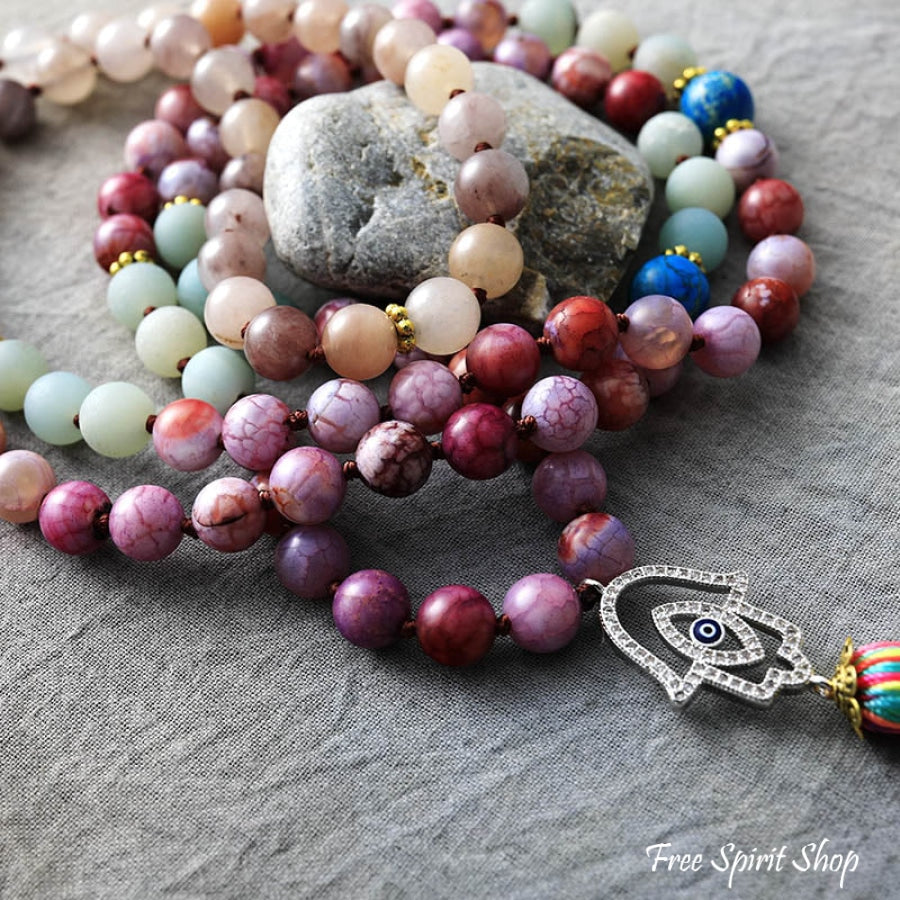 108 Purple Jasper Amazonite & Agate Hamsa Hand Mala Bead Necklace