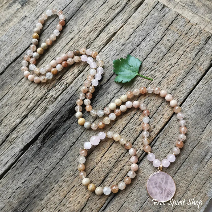 108 Natural Sunstone Rutilated Quartz & Rose Mala Bead Necklace / Bracelet