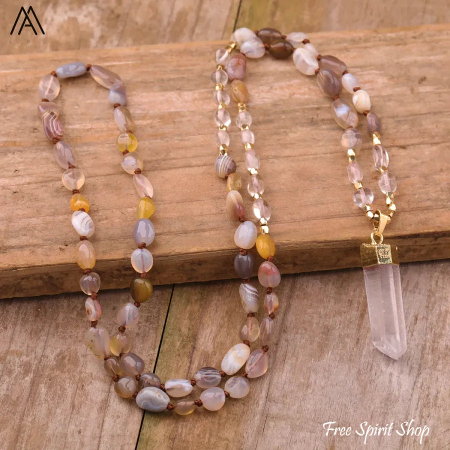 Natural Phantom Quartz & Clear Quartz Necklace - Jewelry > Gemstone Bead Necklace