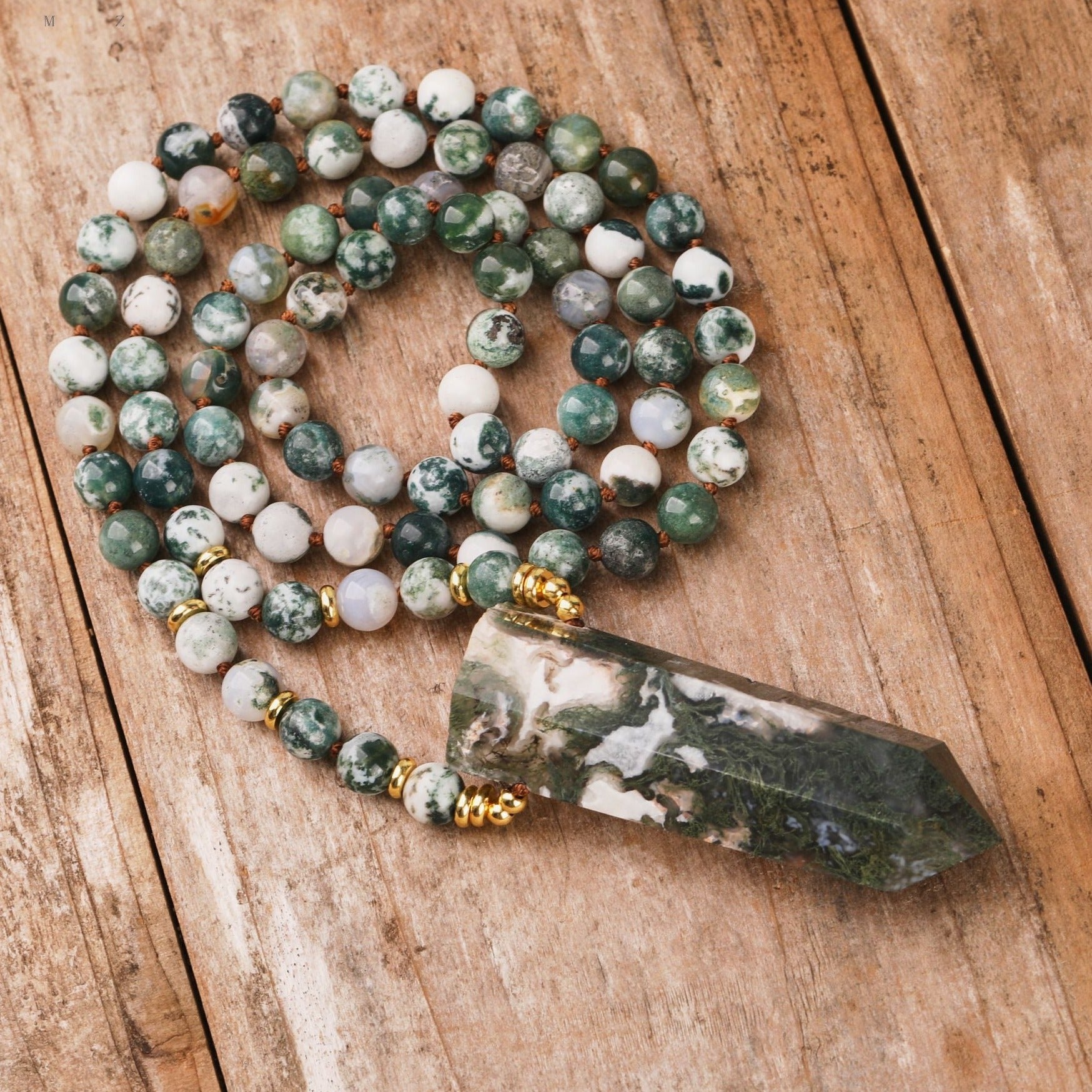 108 Natural Moss Agate Stone Mala Bead Necklace