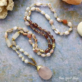 Natural Rose Quartz Strawberry & Jade Beaded Necklace Necklace > Gemstone Beaded