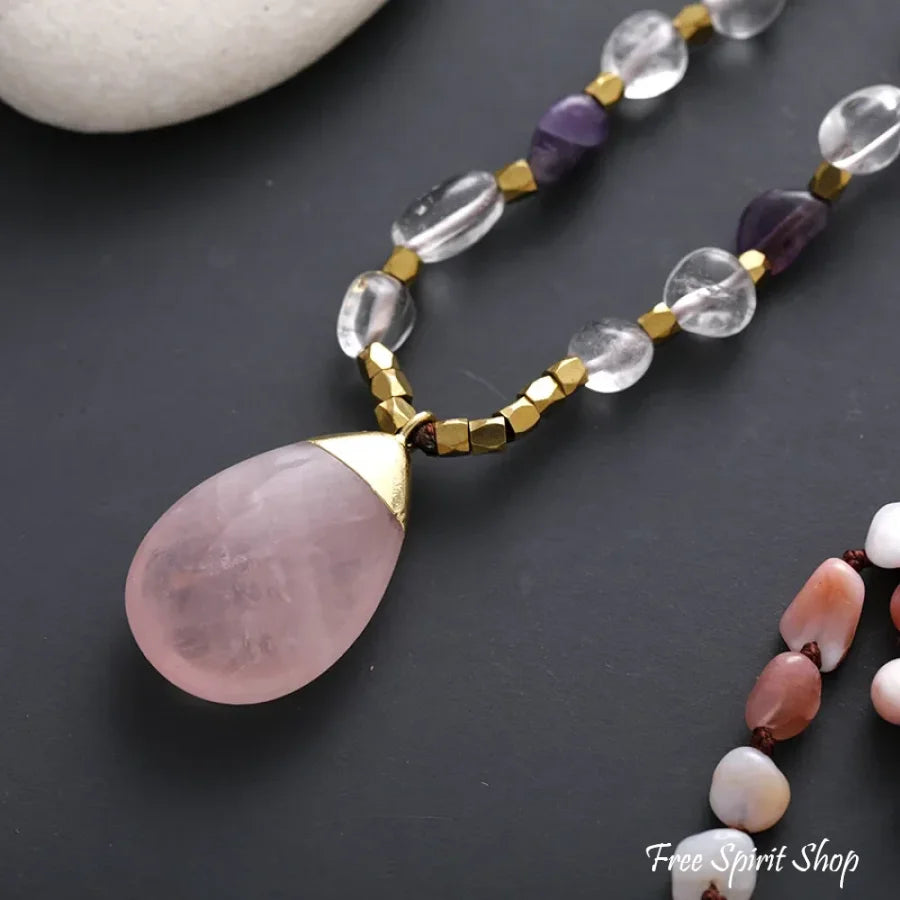 Natural Pink Opal Amethyst & Rose Quartz Gemstone Necklace Necklace > Gemstone