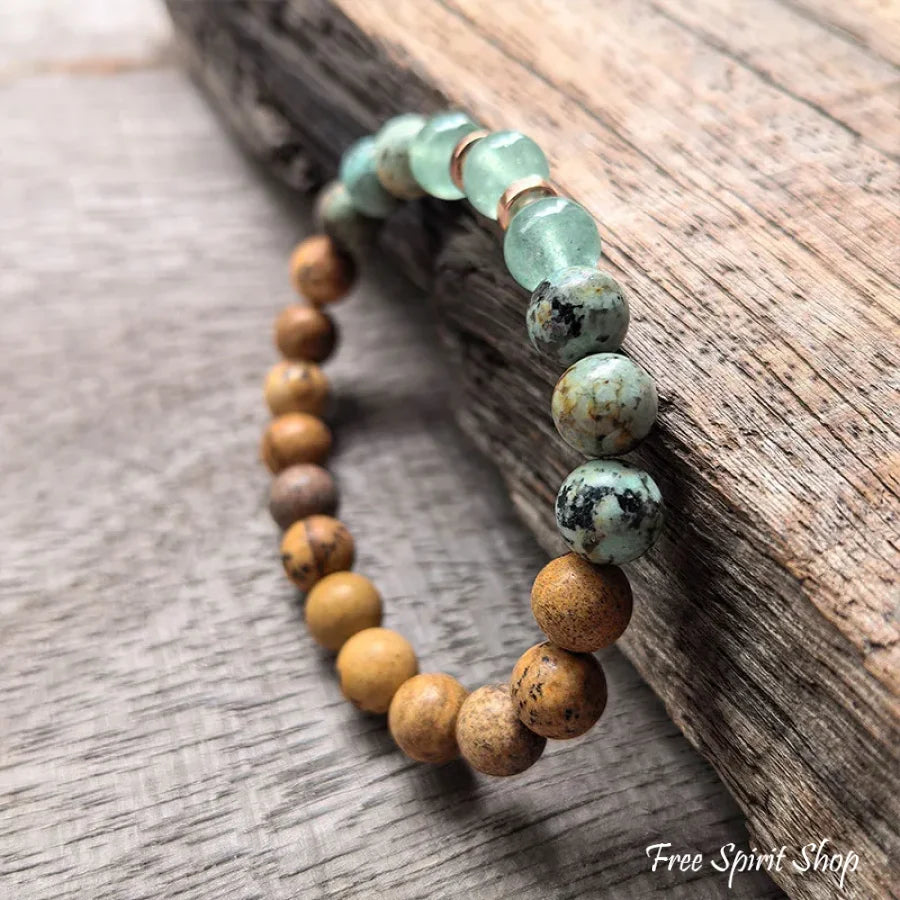 Natural Picture Jasper Green Quartz & African Turquoise Mala Bead Bracelet