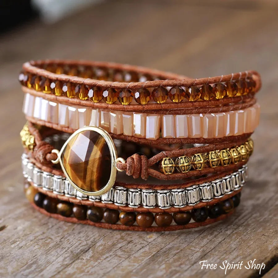 Natural Tiger Eye & Brown Bead Wrap Bracelet Jewelry > Gemstone