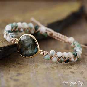 Natural Tree Agate & Labradorite Braided Bead Bracelet / Small-Medium Jewelry > Gemstone Wrap