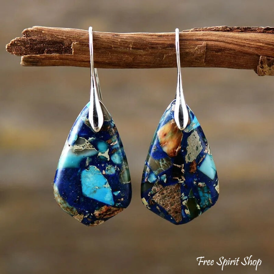 Blue Mosaic Jasper Losange Earrings Jewelry > Gemstone