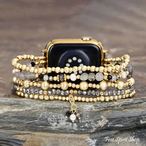 Gray Crystal Beaded Apple Watch Band with Clover Charm Smartwatch Band / Strap > Gemstone Bead Watch Band > Beaded