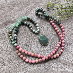 108 Natural Rhodonite Green Aventurine & African Turquoise Mala Necklace Jewelry > Gemstone Bead Necklace > 108 Mala