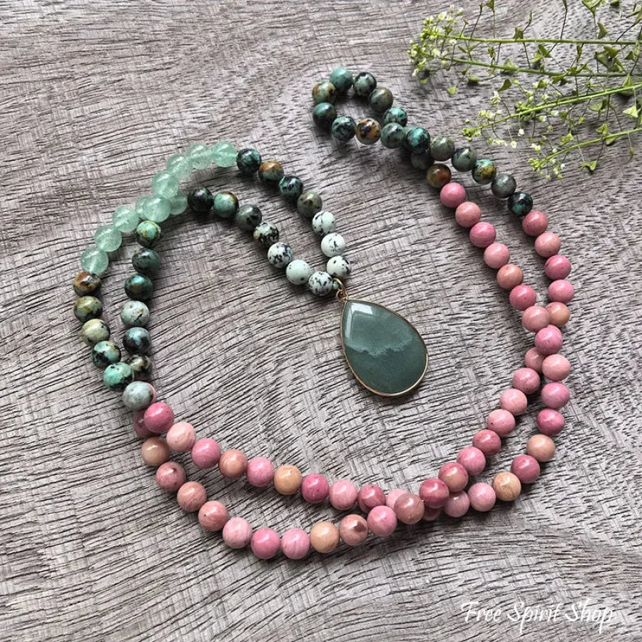 108 Natural Rhodonite Green Aventurine & African Turquoise Mala Necklace Jewelry > Gemstone Bead Necklace > 108 Mala