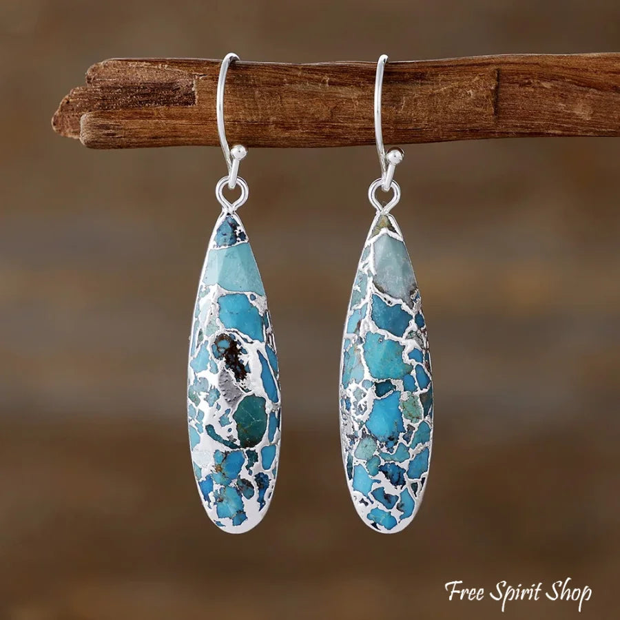 Turquoise Mosaic Jasper Dangle Earrings SILVER Jewelry > Earrings > Gemstone Earrings