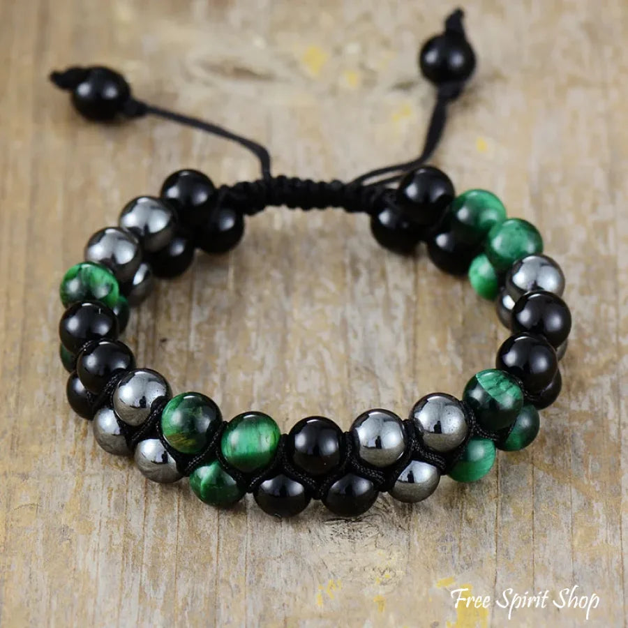 Natural Tiger Eye Hematite & Black Onyx Bead Bracelet Green / Small-Medium (19-29Cm) Jewelry >