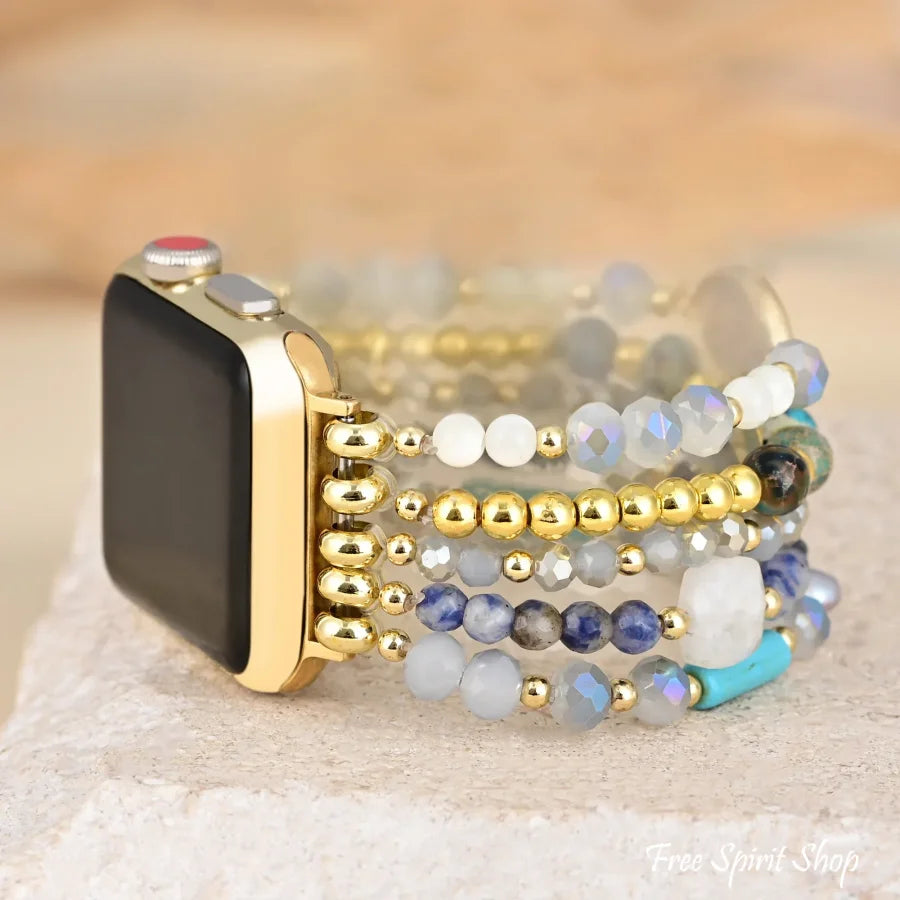Natural Blue Sodalite Freshwater Pearl & Jasper Stretchable Apple Watch Band Smartwatch / Strap >