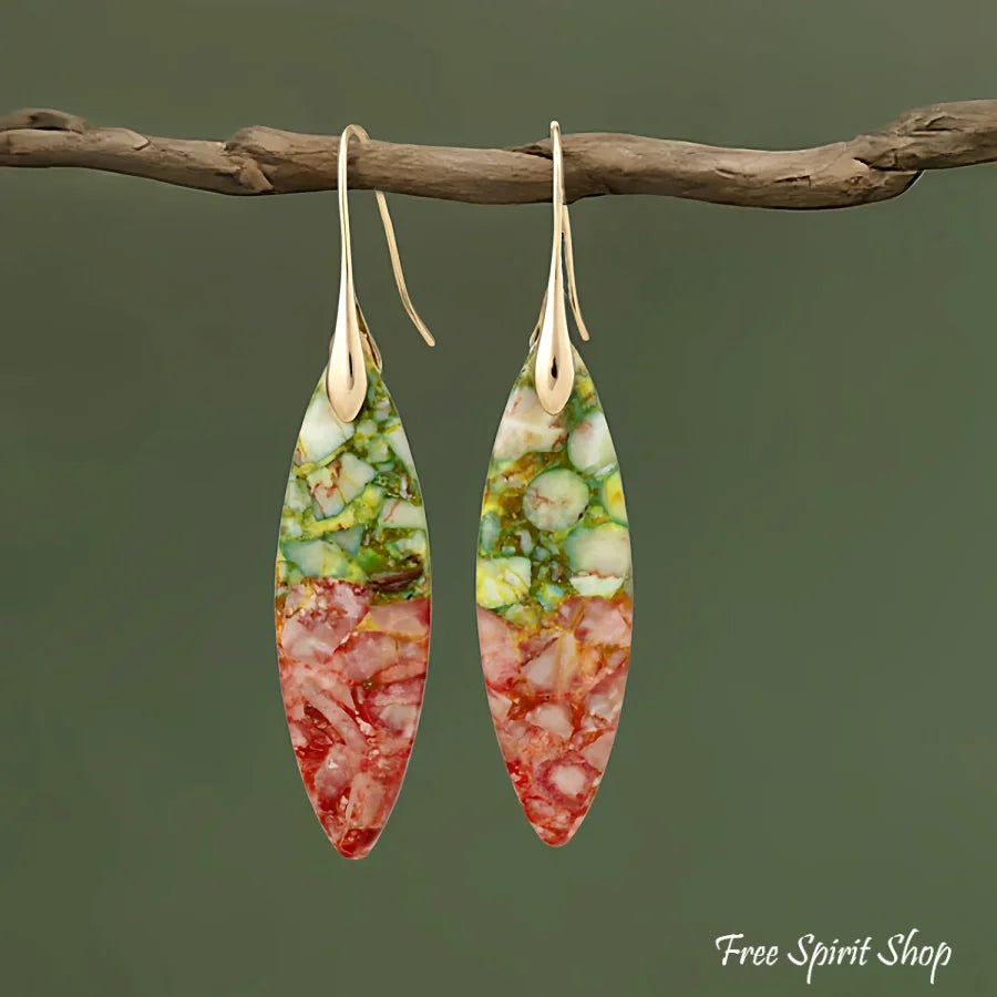 Blue Jasper Leaf Earrings - Green Orange G - Jewelry > Earrings > Gemstone Earrings
