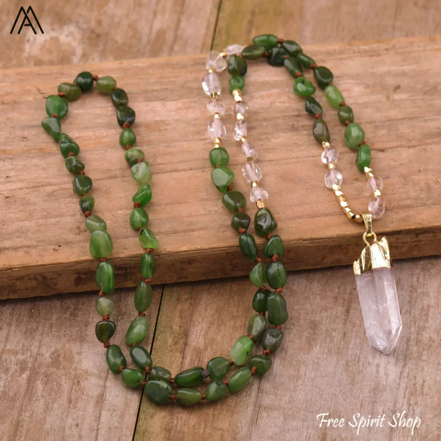 Natural Phantom Quartz & Clear Quartz Necklace - Jewelry > Gemstone Bead Necklace