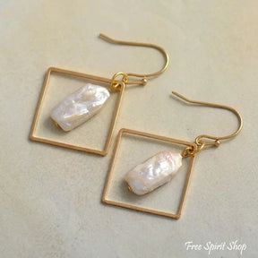 Freshwater Pearl Geometric Square Dangle Earrings - Jewelry > Earrings > Gemstone Earrings