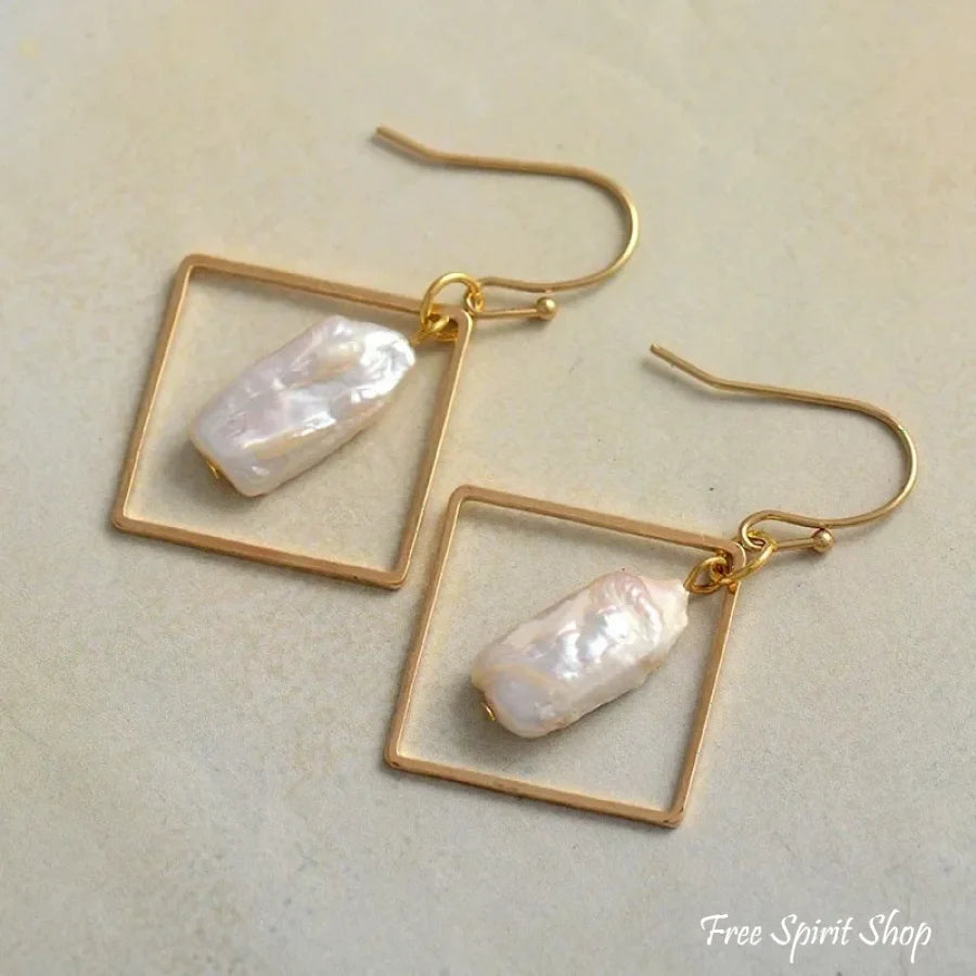 Freshwater Pearl Geometric Square Dangle Earrings - Jewelry > Earrings > Gemstone Earrings