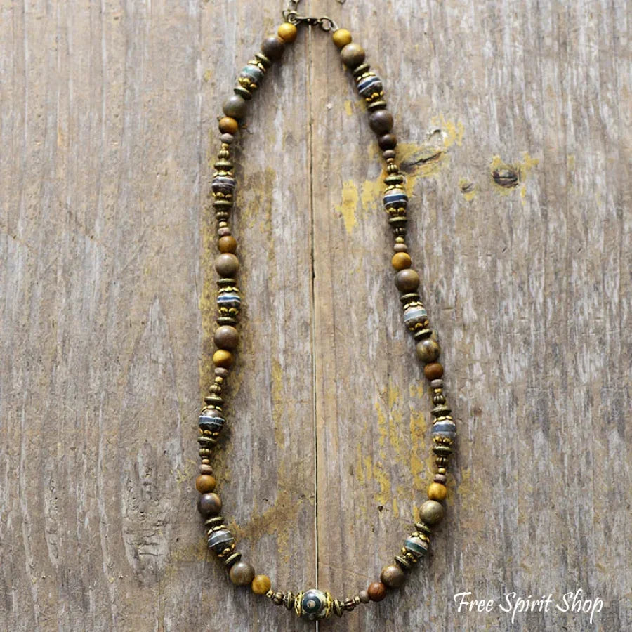 Natural Green Sandalwood & Onyx Choker Necklace For Men Necklace > Gemstone Beaded