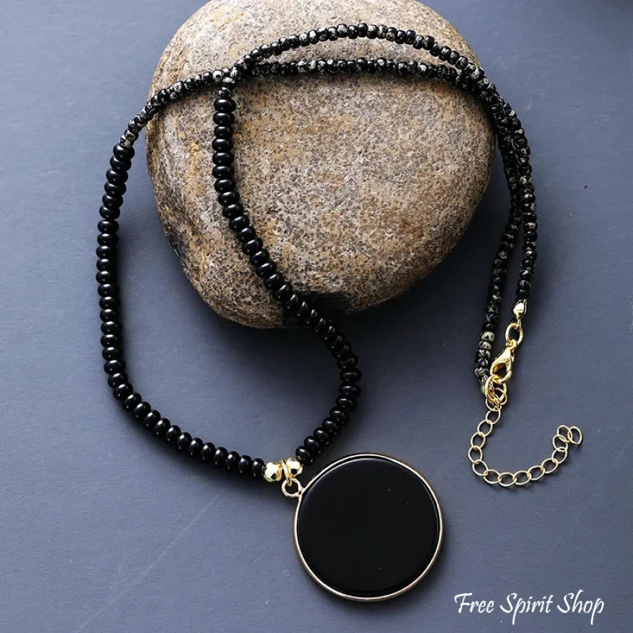 Handmade Tiger Eye Circle Pendant Necklace Black Onyx Necklace > Gemstone