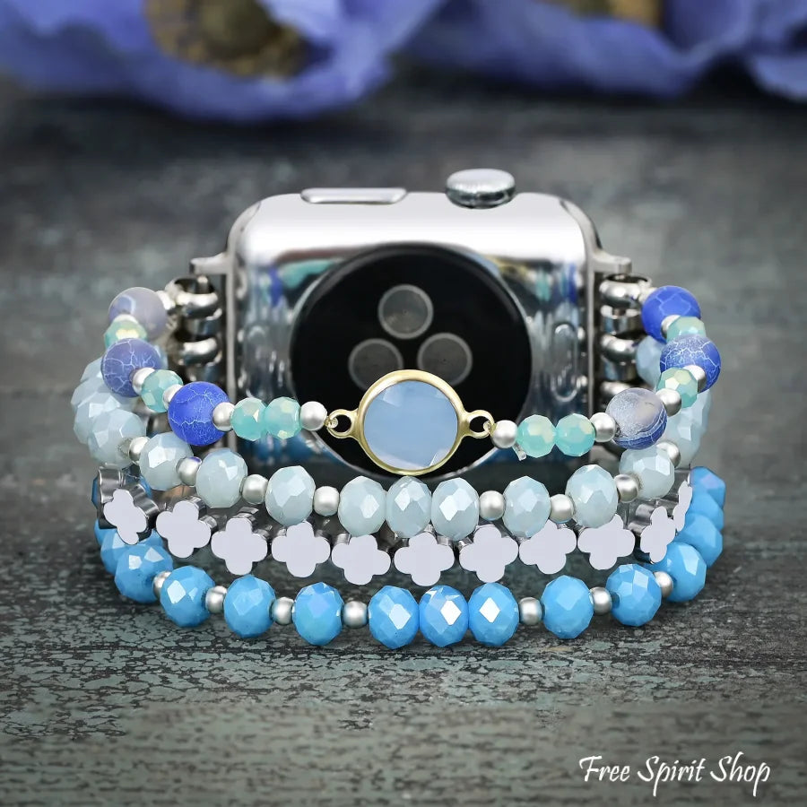 Ocean Breeze Beaded Fitbit Band With Silver Clover Charms