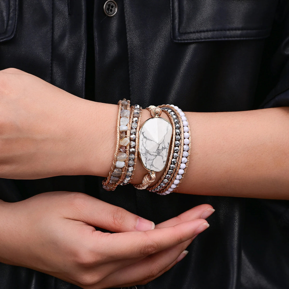 White Howlite & Botswana Agate Bead Wrap Bracelet