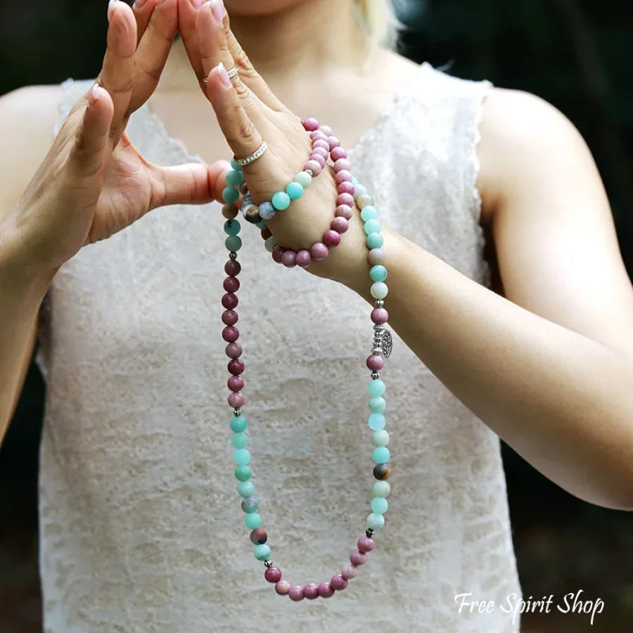 Natural Amazonite & Rhodonite 108 Bead Mala Bracelet Jewelry > Gemstone