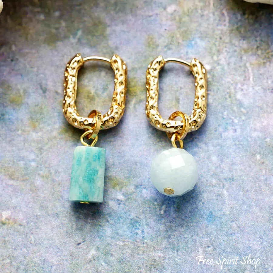 Asymmetrical Natural Amazonite Gold Hoop Earrings