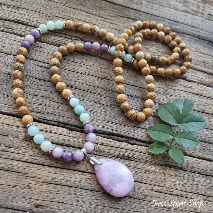 108 Natural Picture Jasper Amazonite & Lepidolite Mala Bead Necklace Jewelry > Gemstone