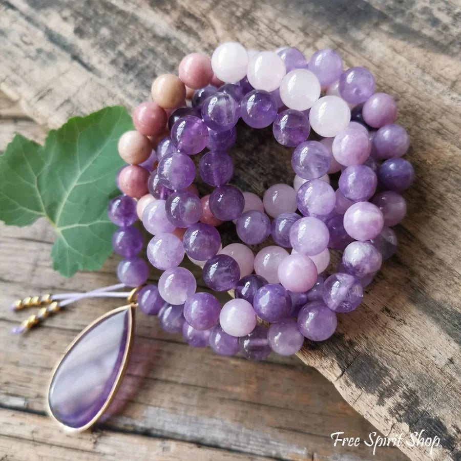 108 Natural Amethyst Rose Quartz & Rhodonite Mala Bead Necklace Jewelry > Gemstone