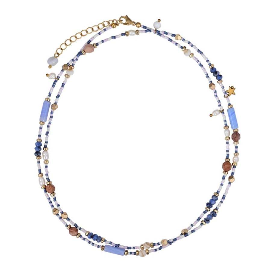 Natural Blue Sodalite Jasper & Pearl Beaded Choker Necklace Jewelry > Gemstone Bead