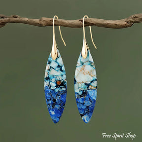 Blue Jasper Leaf Earrings - Blue Gold - Jewelry > Earrings > Gemstone Earrings