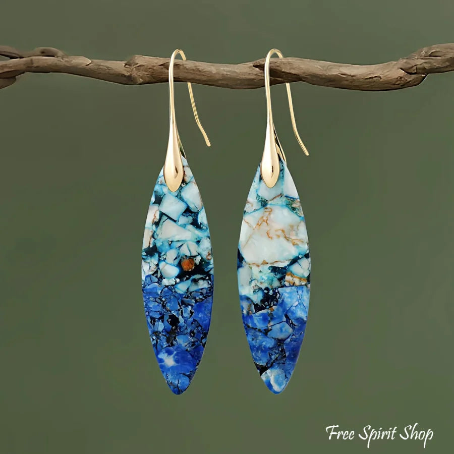 Blue Jasper Leaf Earrings - Blue Gold - Jewelry > Earrings > Gemstone Earrings