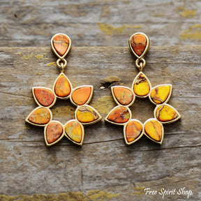 Handmade Colorful Jasper Flower Earrings Orange