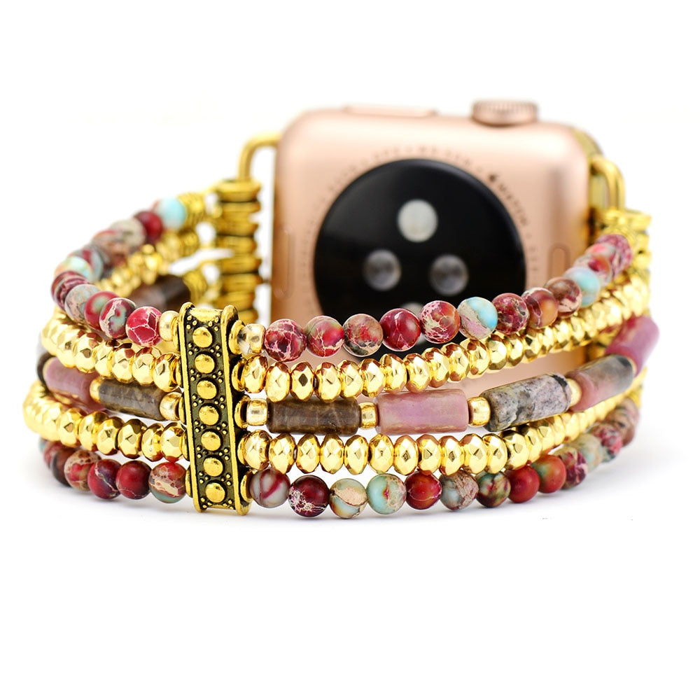 Natural Red Jasper & Golden Bead Stretchable Apple Watch Band