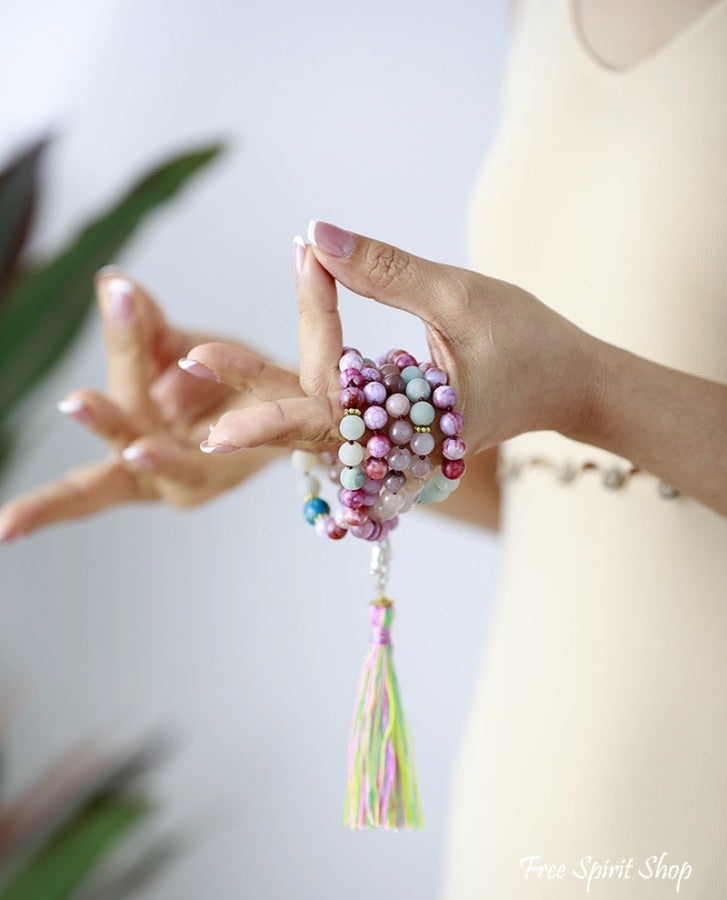 108 Purple Jasper Amazonite & Agate Hamsa Hand Mala Bead Necklace