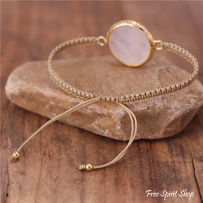 Natural Rose Quartz Circle Adjustable Rope Bracelet Jewelry >