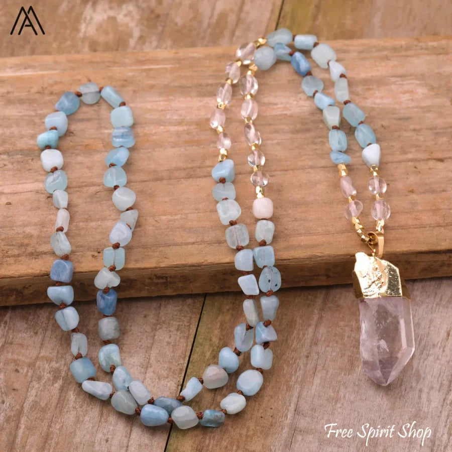 Natural Green Aventurine & Clear Quartz Necklace - Jewelry > Gemstone Bead Necklace