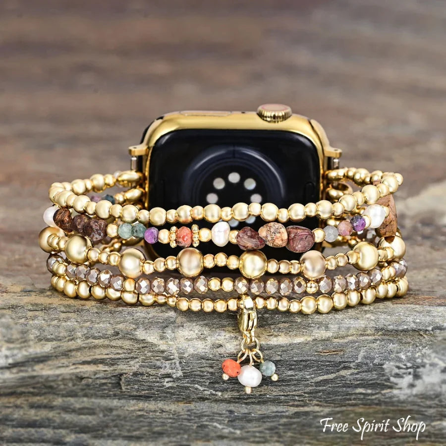Picture Jasper Beaded Apple Watch Band with Clover Charm Smartwatch Band / Strap > Gemstone Bead Watch Band > Beaded