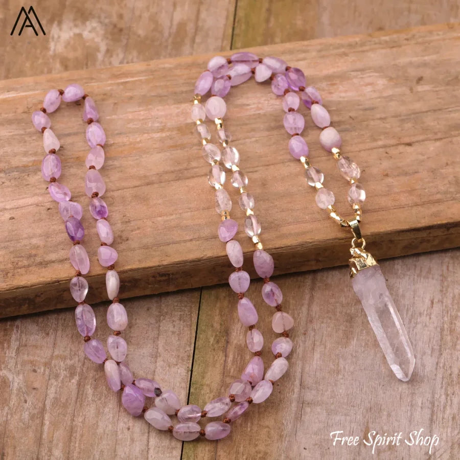 Natural Phantom Quartz & Clear Quartz Necklace - Jewelry > Gemstone Bead Necklace
