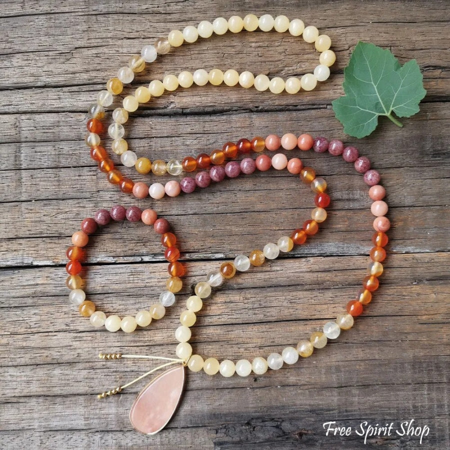 108 Pink Aventurine Carnelian & Yellow Citrine Mala Bead Necklace Jewelry > Gemstone