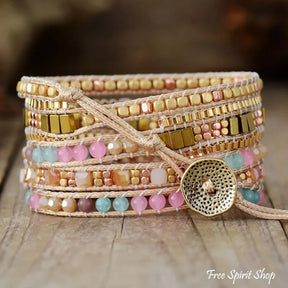 Handmade Pink Blue & Gold Bead Wrap Bracelet Jewelry > Gemstone