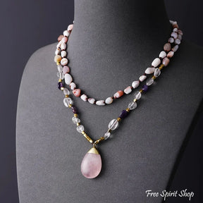 Natural Pink Opal Amethyst & Rose Quartz Gemstone Necklace Necklace > Gemstone