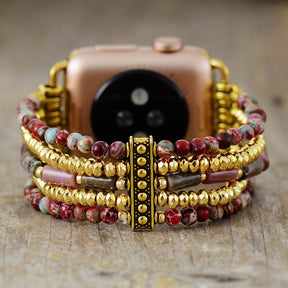 Natural Red Jasper & Golden Bead Stretchable Apple Watch Band