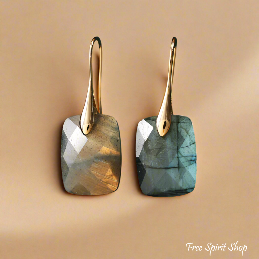 Labradorite Drop Earrings – Golden Aura Glow Rectangle Jewelry > Earrings > Gemstone Earrings