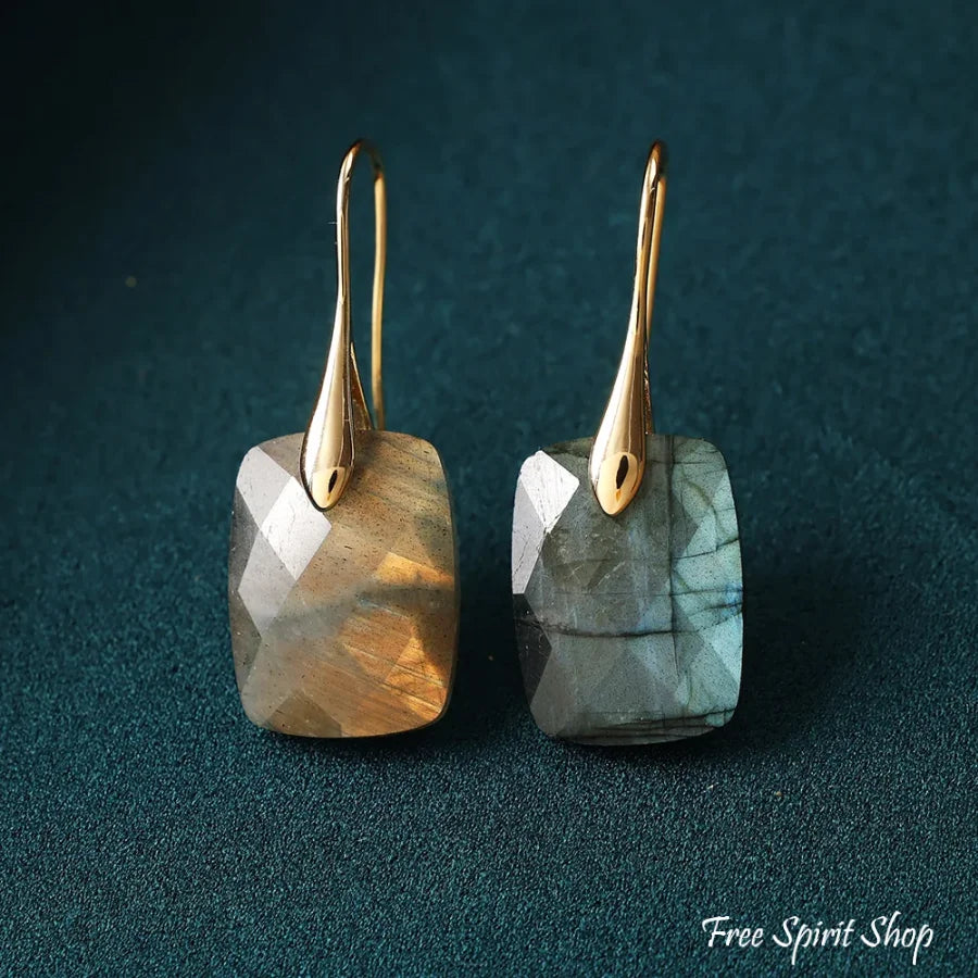 Labradorite Drop Earrings – Golden Aura Glow Rectangle Jewelry > Earrings > Gemstone Earrings